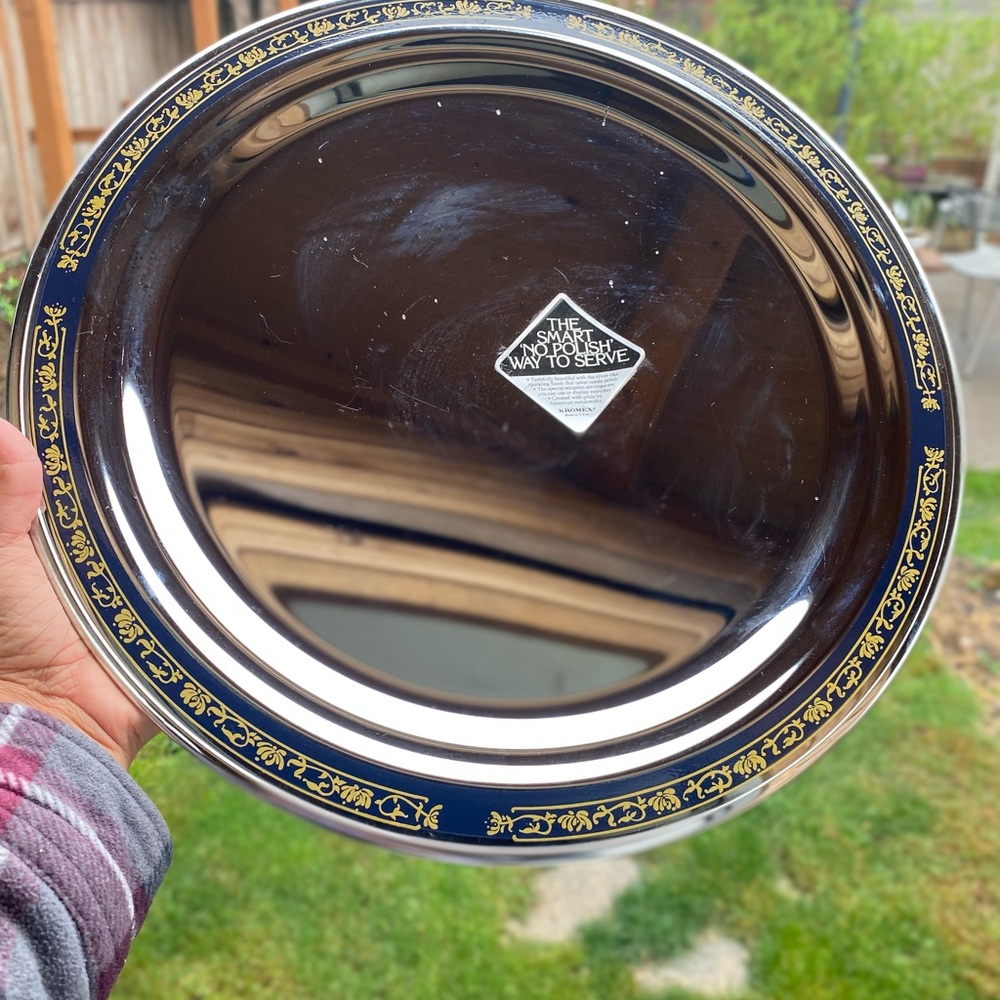 Round Serving Tray Platter MCM Chrome Blue Gold Trim Kromex NOS 14” Entertain